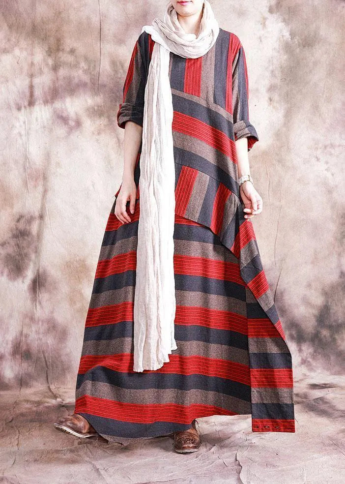 Art Asymmetric Linen Dresses Catwalk Red Striped Patchwork Dress Fall