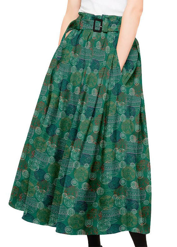 Green Wrinkled Pockets Print Patchwork Silk Skirts Summer