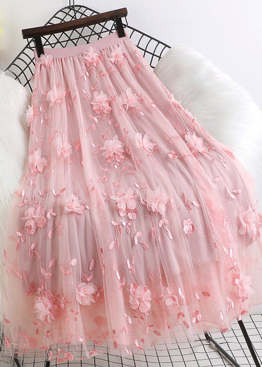 Natural Pink Embroideried Tulle Skirts Spring