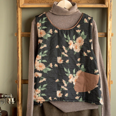 -print Cotton and Linen Quilted Vest