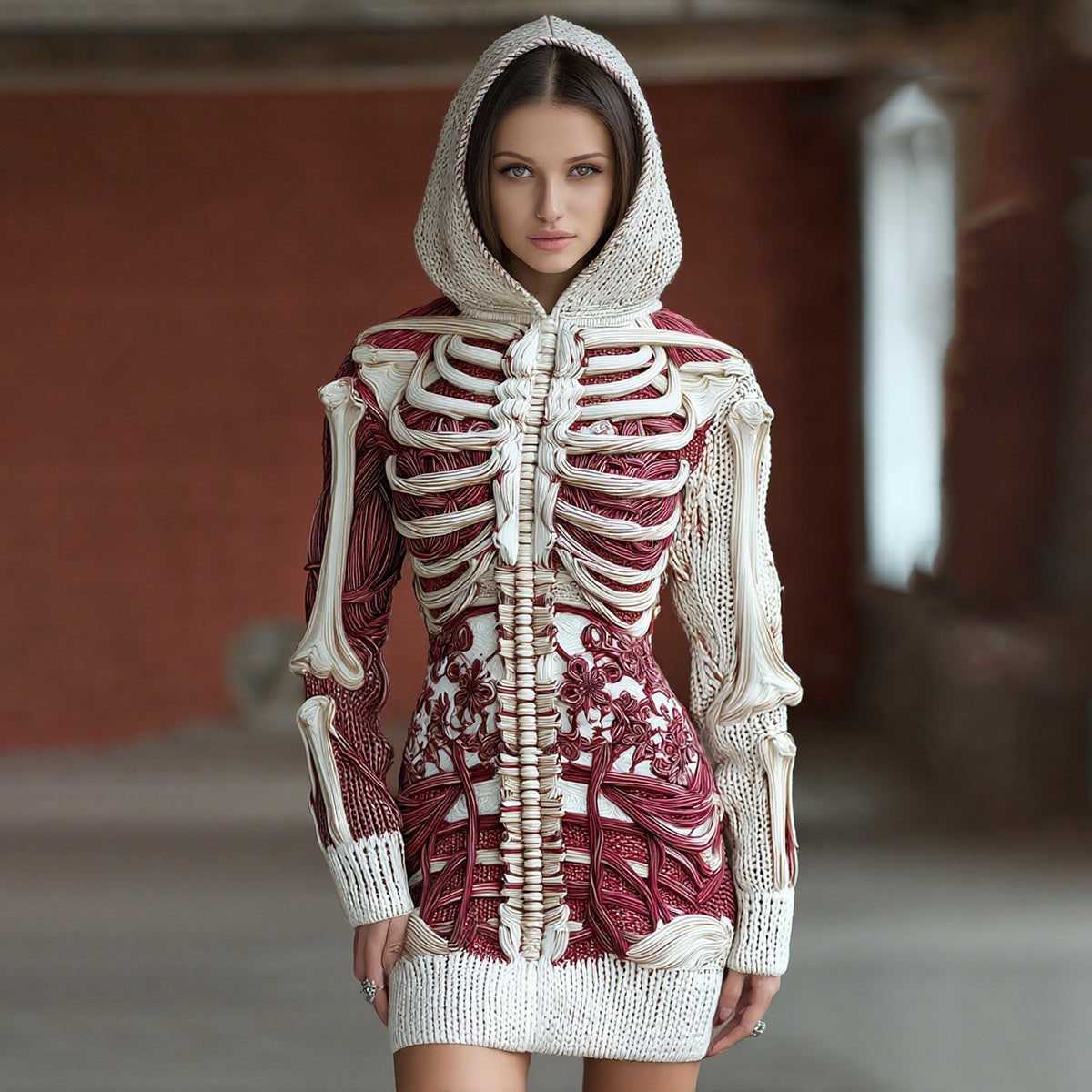 Comstylish Women's Halloween Skeleton Bones With Floral Art Cozy Knit Hooded Sweater Dress