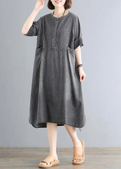 Cotton Wardrobes 18th Century Pure Color Loose Denim Midi Dress