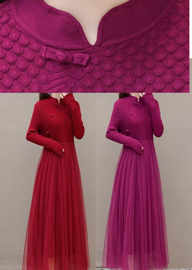 Rose Chinese Button Patchwork Silm Fit Knit Dress Spring