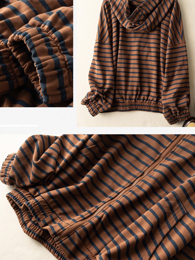 100% Natural Material Striped Zipper Literary Retro Hoodie Coat