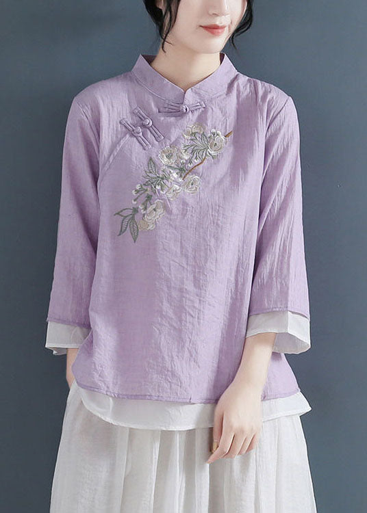 Purple Chinese Style Cotton Blouse Tops Layered Embroideried Three Quarter Sleeve