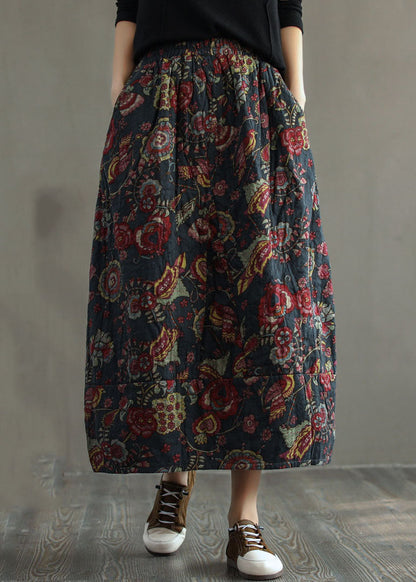 Red Elastic Waist Patchwork Print Fine Cotton Filled Skirt Winter