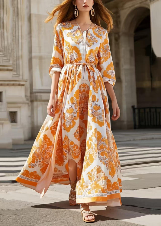 Orange Print Exra Large Hem Silk Tunic Dress Spring