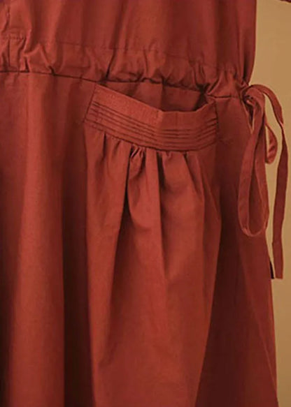 Red O-neck Drawstring Cotton Holiday Dress Short Sleeve
