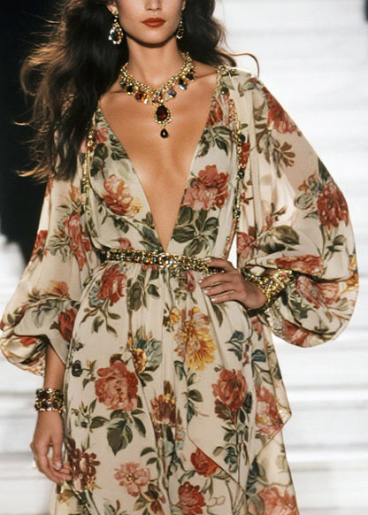 Apricot Print Exra Large Hem Chiffon Beach Dress Spring