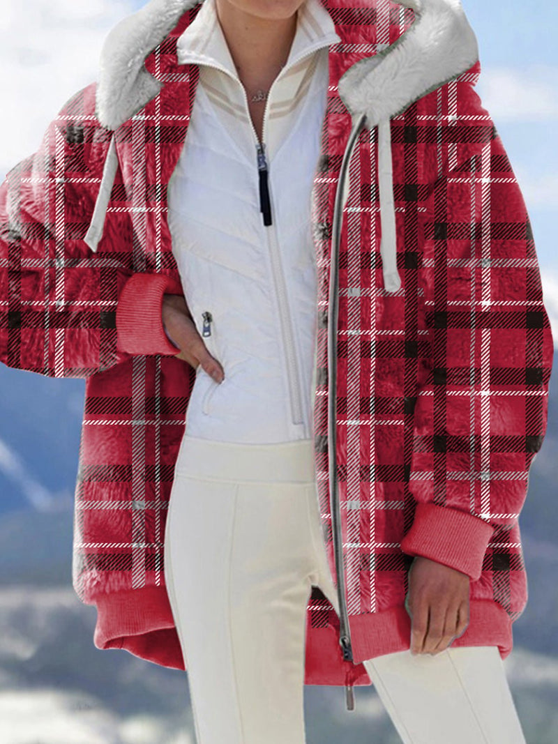 Coats Check Print Plush Zip Hoodie Coat