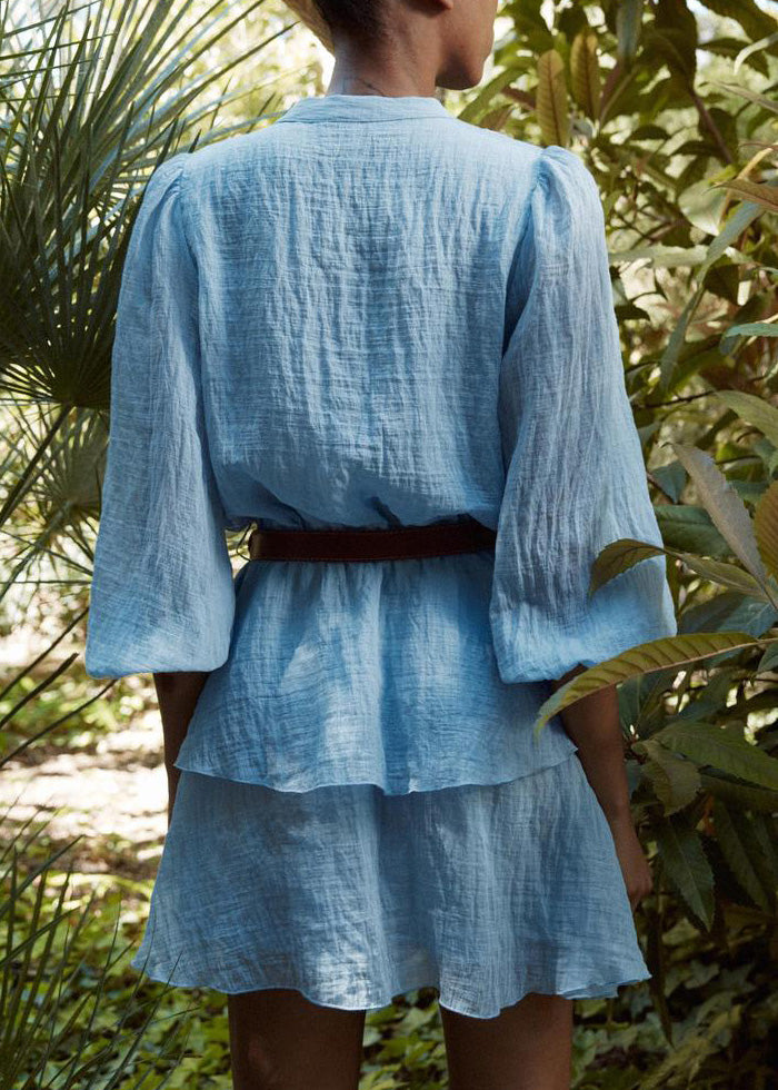 Blue V Neck Button Patchwork Cotton Short Dress Fall