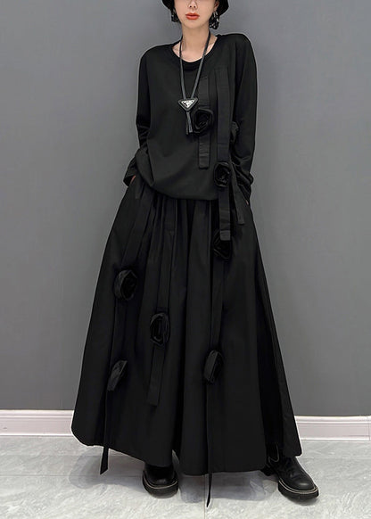 Loose Black O-neck Top and Maxi Skirts Two Pieces Set Fall