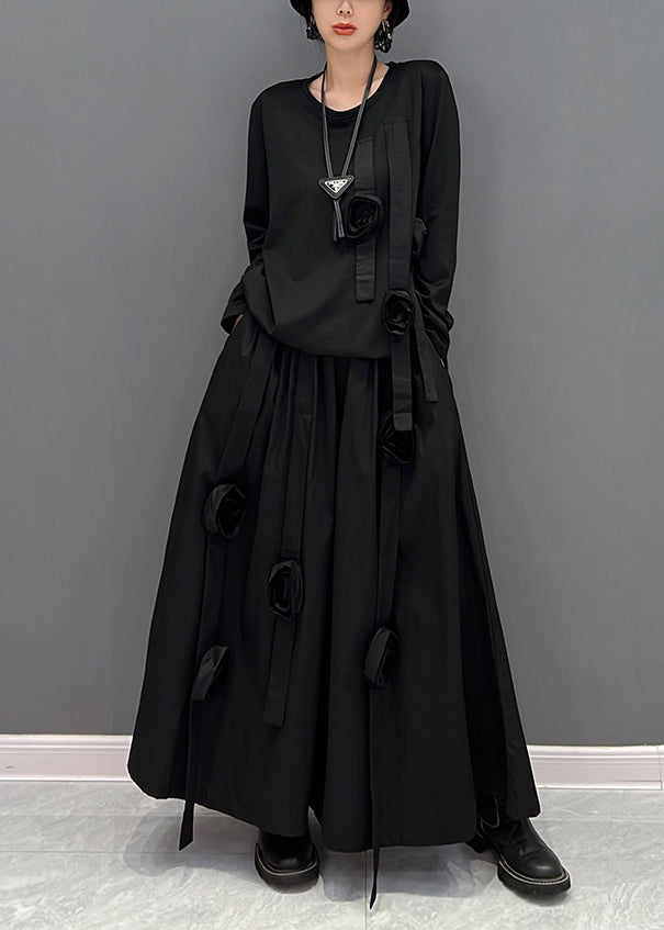 Loose Black O-neck Top and Maxi Skirts Two Pieces Set Fall