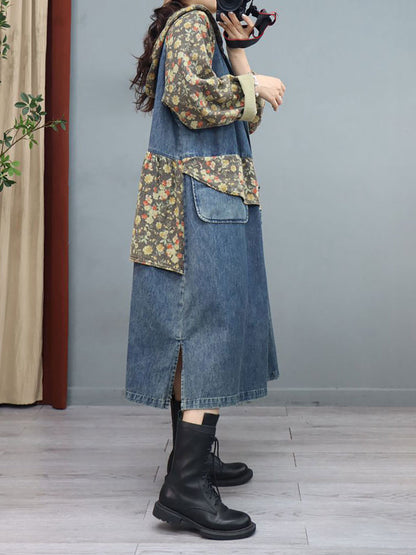 Denim Patchwork Print Hooded Long Coat