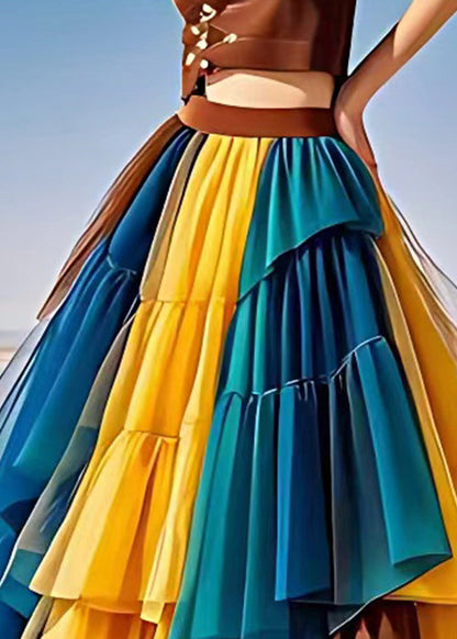 Yellow Wrinkled Elastic Waist Tulle Patchwork Skirts Summer