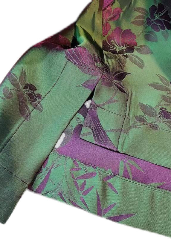 Green Stand Collar Patchwork Jacquard Side Open Silk Shirts Long Sleeved