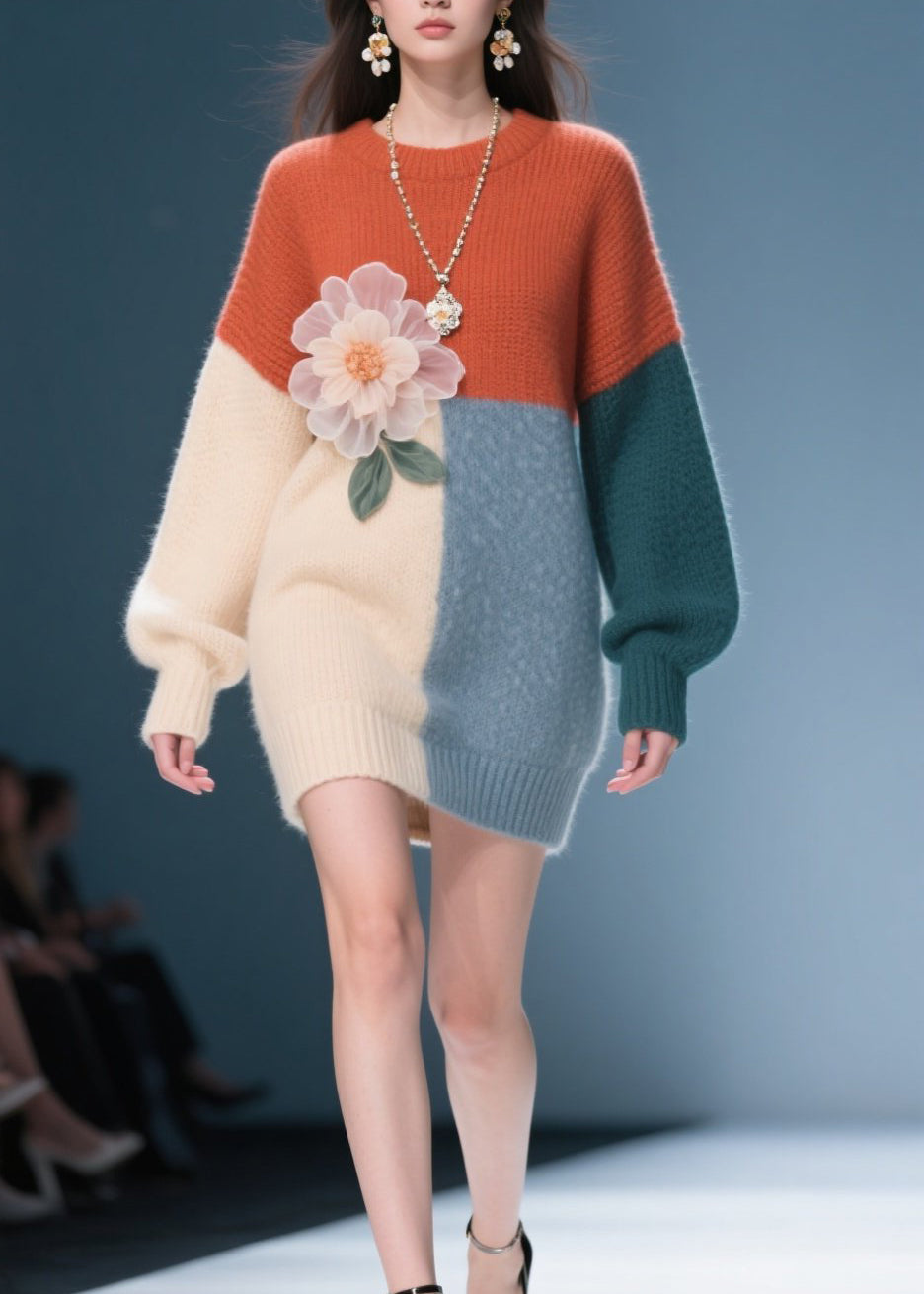 Classy Colorblock O Neck Knit Dress Fall