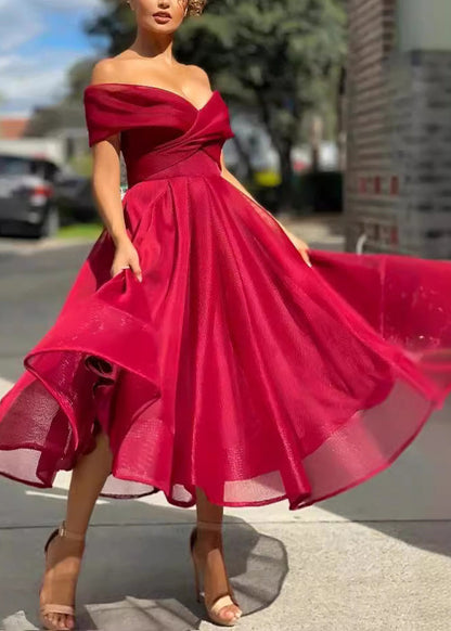 Style Red Cold Shoulder Patchwork Tulle Long Dresses Summer