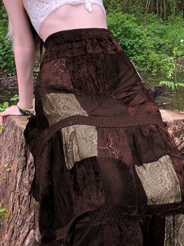 Skirts Retro Contrast Stitching Velvet Long Skirt