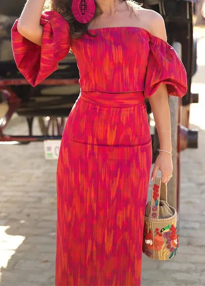 New Off Shoulder Top and Skirt Set Bubble Sleeves