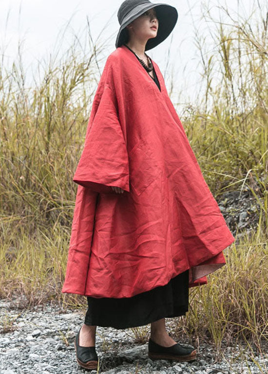 Diy Red V Neck Pockets Fine Cotton Filled Loose Winter Coat