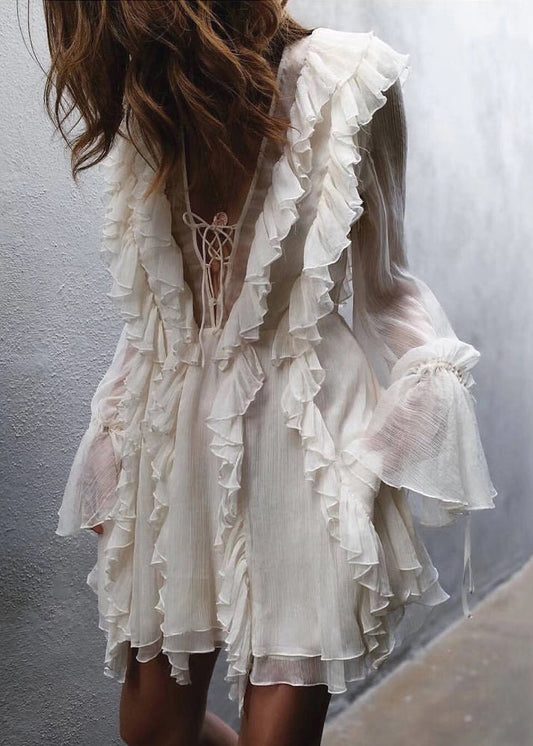 Beige Ruffled Lace Up Chiffon Mini Dresses Flare Sleeve