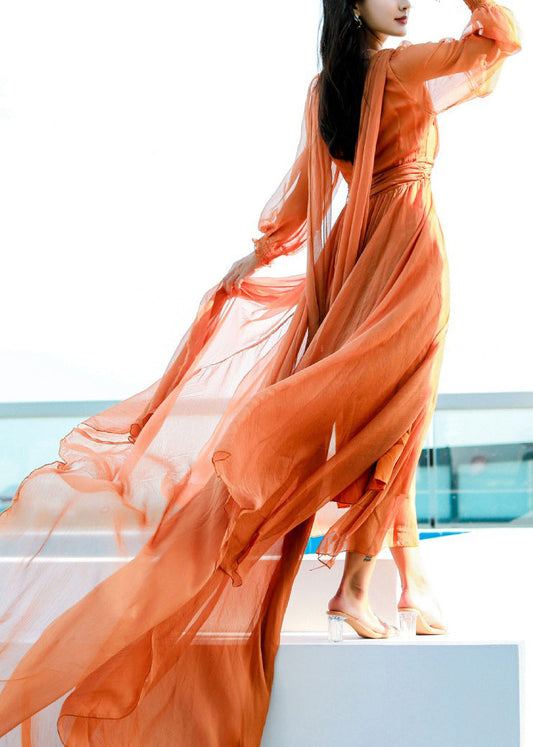 Orange Backless Chiffon Spring Maxi Dresses V Neck