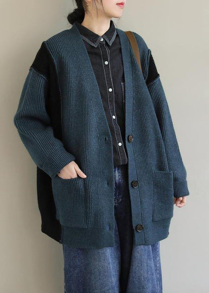 Oversized Green Knit Sweat Tops Oversize V Neck Button Down Sweater Tops