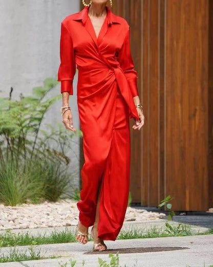 Red Peter Pan Collar Tie Waist Silk Long Dress Spring