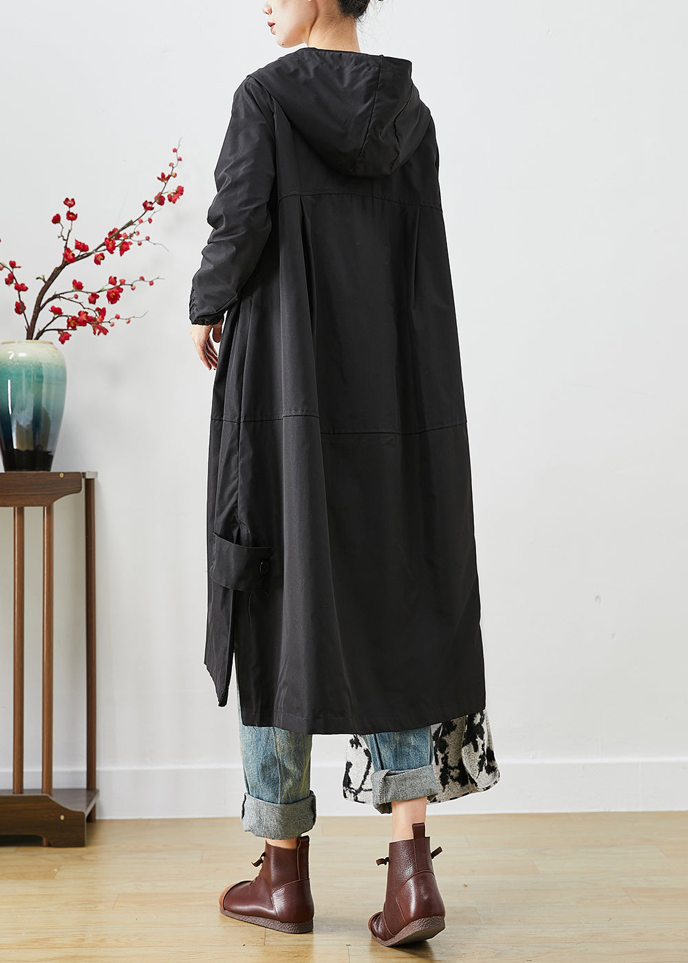 Black Hooded Patchwork Pockets Spandex Coat Outwear Fall