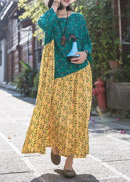 Yellow Blue Print Linen Robes O Neck Patchwork Traveling Summer Dresses