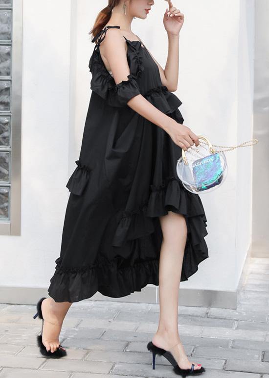 Italian Black Cotton Quilting Dresses Asymmetric Tunic Summer Dresses
