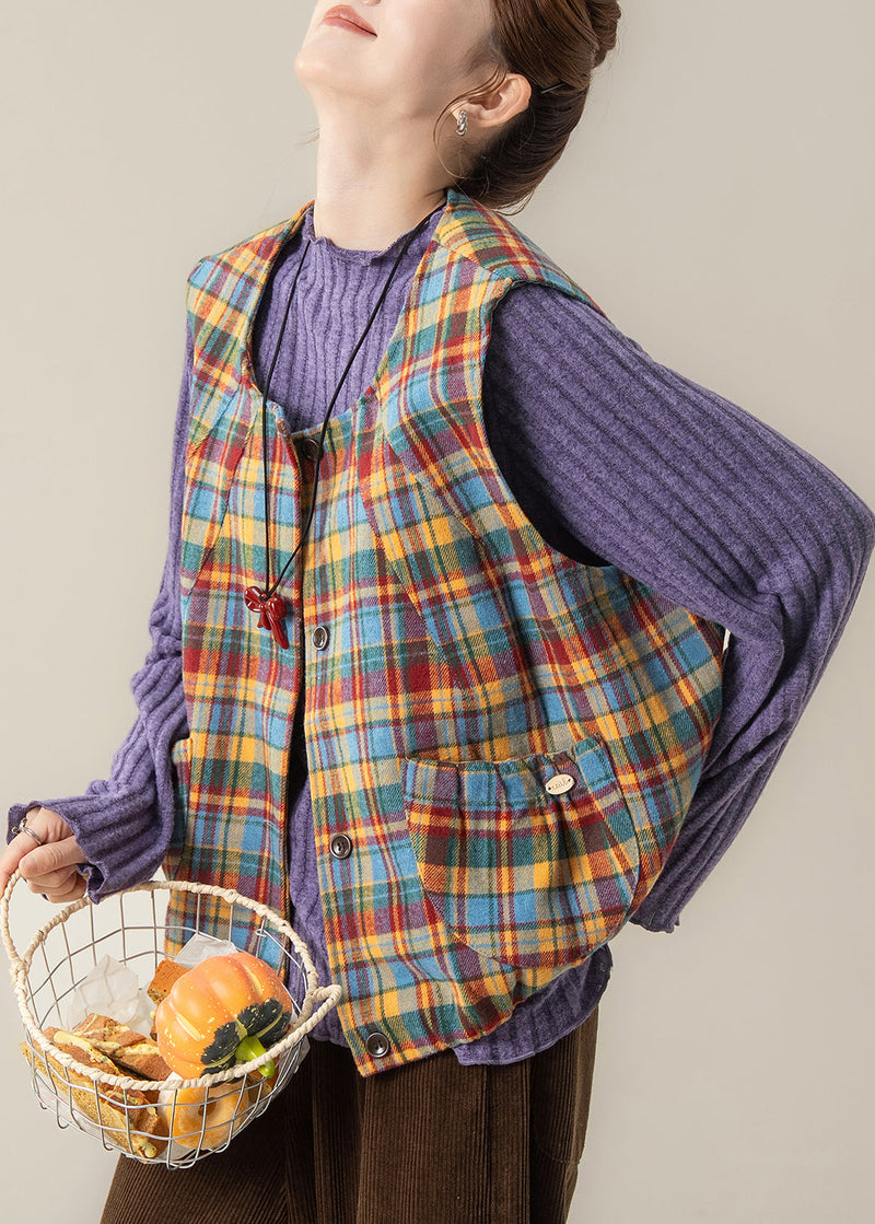 Fitted Yellow Oversized Plaid Cotton Vest Tops Spring