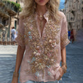 Women's Vintage Floral Art Linen Blend V Neck T-shirt elevenforest
