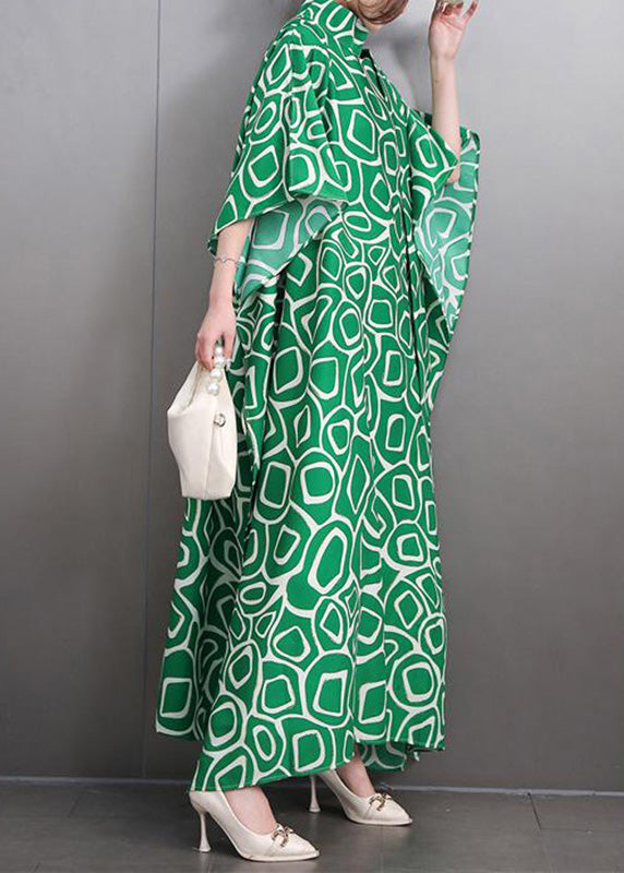 Green Turtleneck Print Side Open Party Maxi Dress Summer