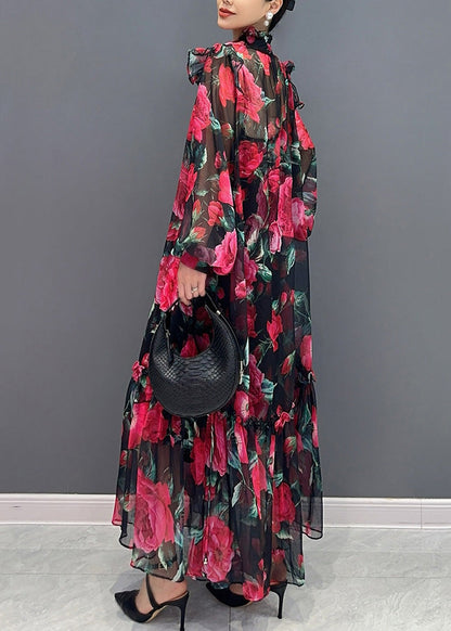 Romantic Rose Patterned Maxi Dress Featuring Long Sleeve