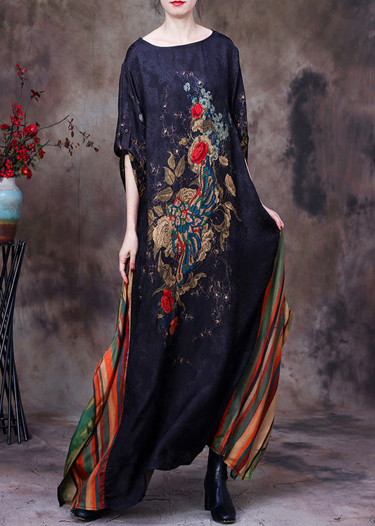Slim Fit Black Yellow Colour O-neck Print Patchwork Silk Maxi Dress Long Sleeve