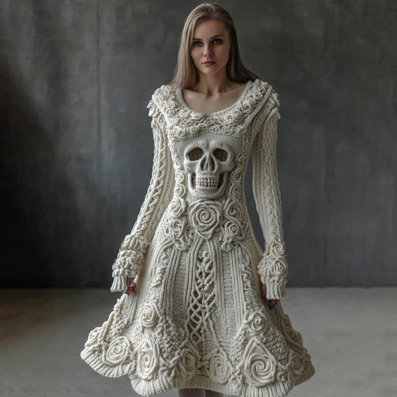 Vintage White Roses Skull Cozy Knit Sweater Dress artswardrobe
