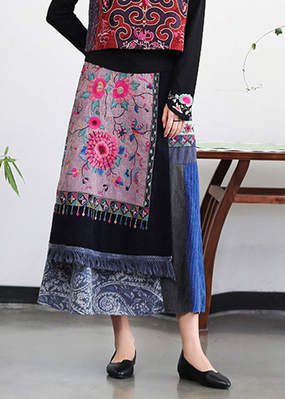 Retro Embroideried Pockets Elastic Waist Cotton a Line Skirt Fall