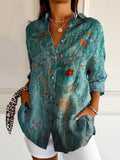 Women's Vintage Floral Art Print Casual Cotton Shirt