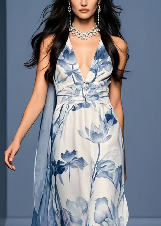 Blue Print Side Open Chiffon Sundresses Sleeveless