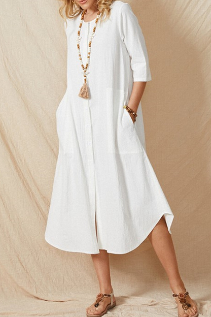 Pocket Buckle O Neck a Line Dresses