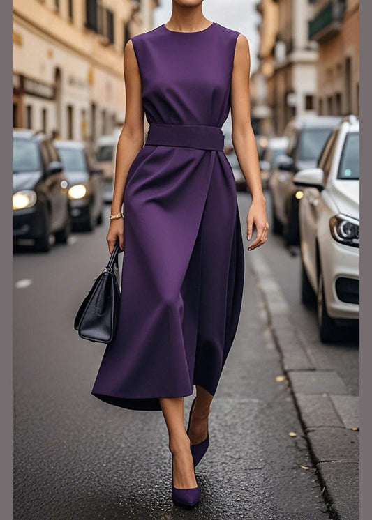 Purple O Neck Tie Waist Cotton Dress Sleeveless