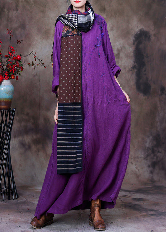 Dark Purple V Neck Printing Linen Dress Long Sleeve