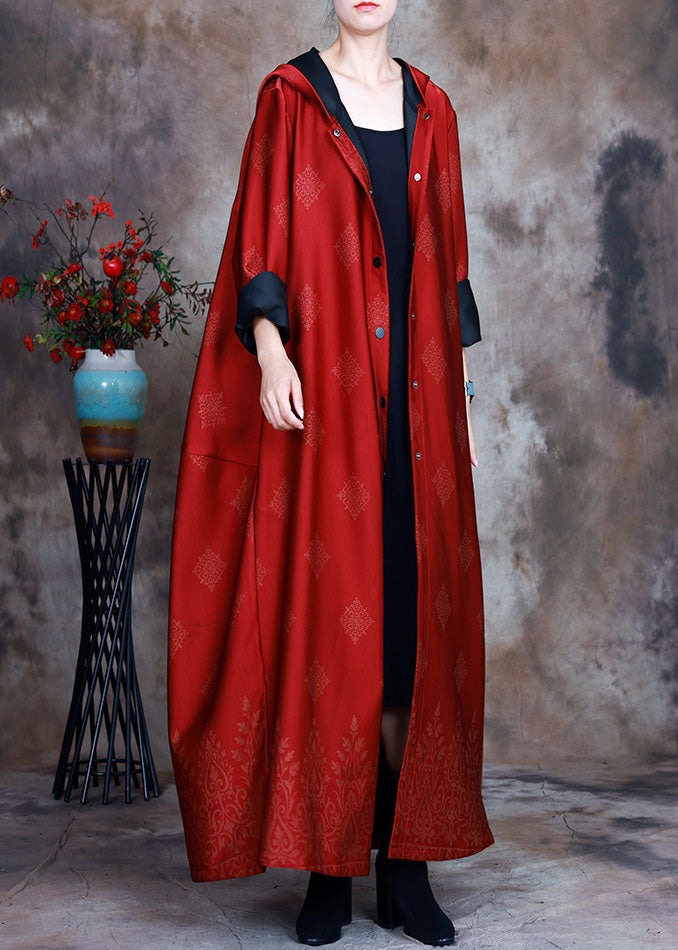 Red Satin Trench Coats Asymmetrical Design Button