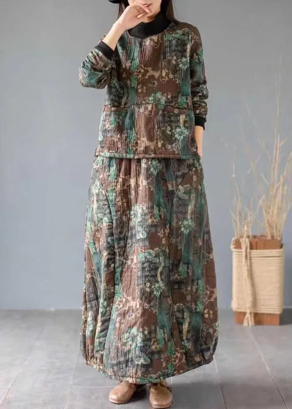 Green Print Pockets Tops and Skirts Cotton Two Piece Set Fall