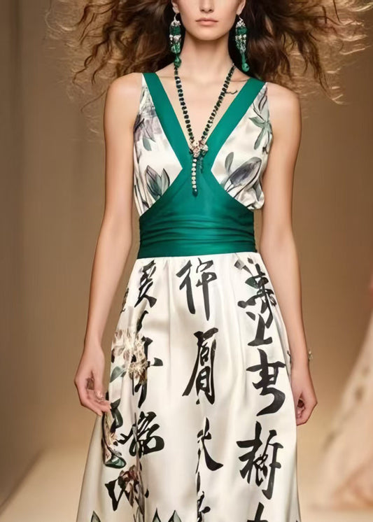 Modern White Print Patchwork Silk Ankle Dress Sleeveless