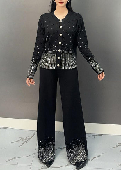 Classy Black V Neck Dot Print Knit Top and Wide Leg Pants Two Pieces Set Winter