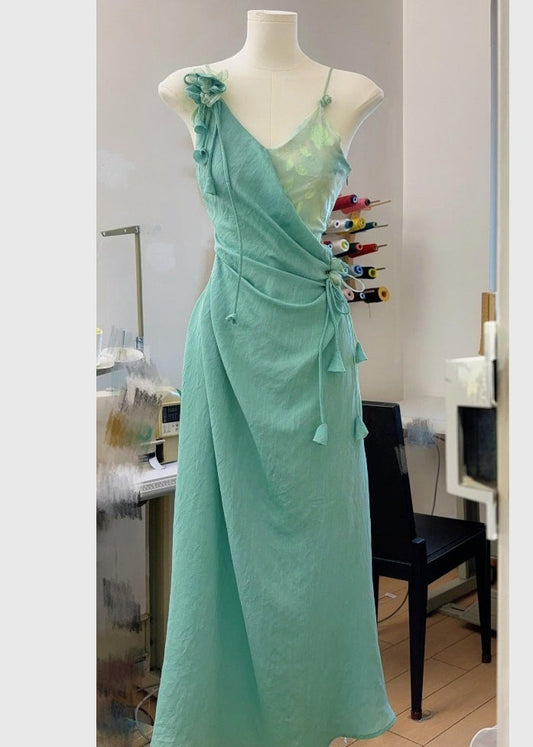 Green Asymmetrical Lace Up Cotton Long Dress Sleeveless