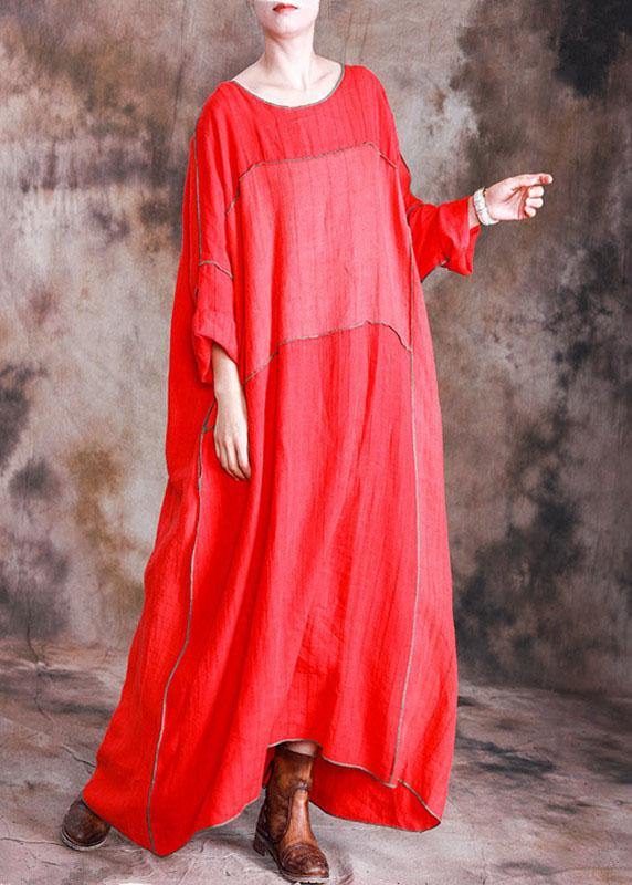 Diy Red Linen Dresses Patchwork Loose Fall Dresses